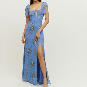 Reformation Westerly Maxi Bow Tie-Shoulder Strap Slit Gown Blue Floral Arles 4